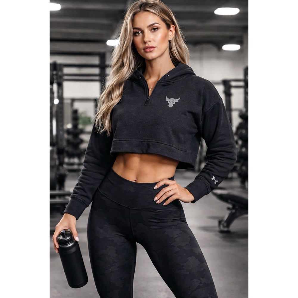 Under Armour Project Rock Warrior Mana Hoodie Women's XL Black Crop Gym